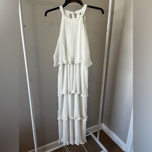 White Tiered Ruffle Pleated Midi Dress